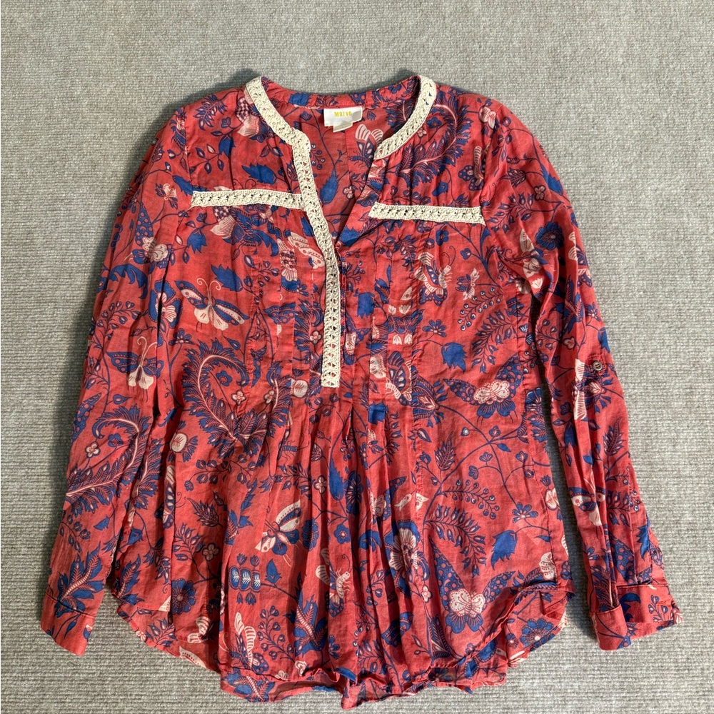 Maeve by Anthropologie Abella Butterfly Floral Crochet Trim Blouse Red Blue – 6 - Picture 2 of 6